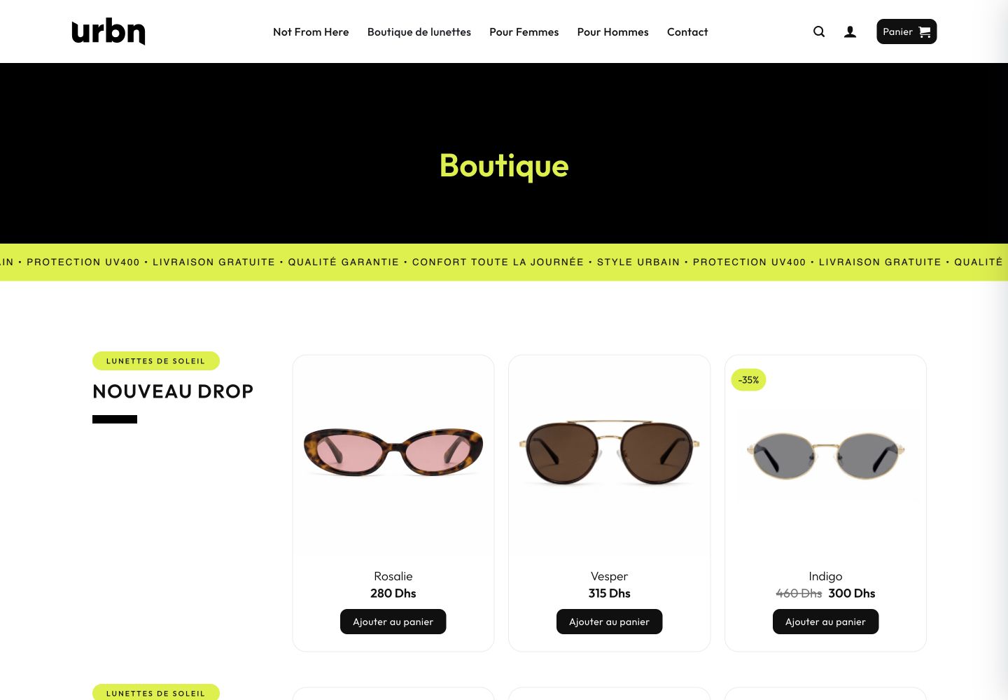 Real Urbn eyewear collection shown in a desktop browser mockup